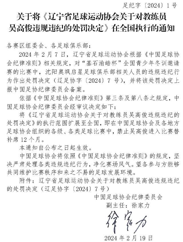 多次教唆小球员“照着人踢” 教练吴高俊禁赛一年